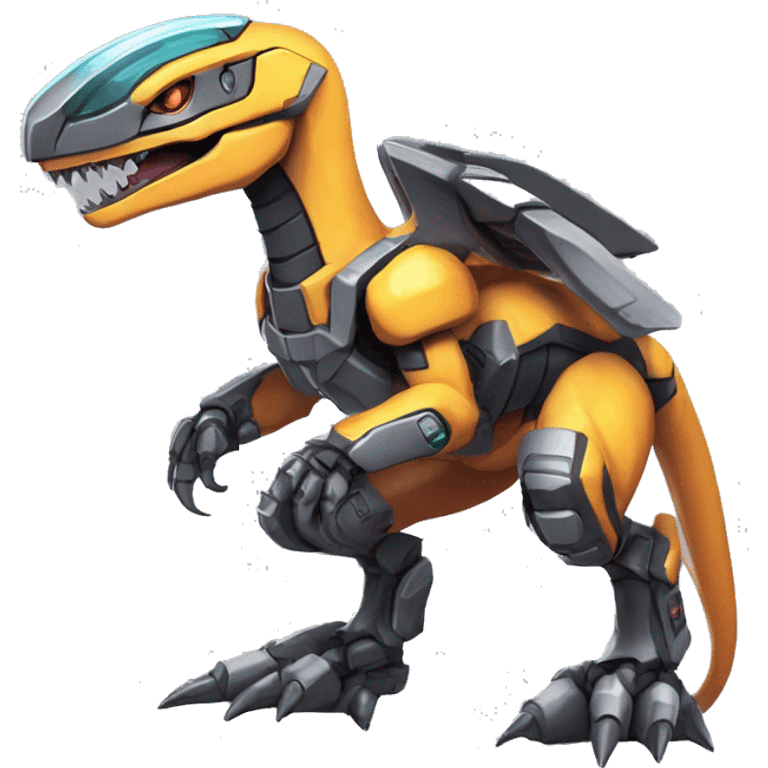 Colorful Edgy Chibi Greymon-Velociraptor-Genesect-Fakémon-Pokémon wearing a with a futuristic visor-helmet And Mecha-suit Full Body emoji