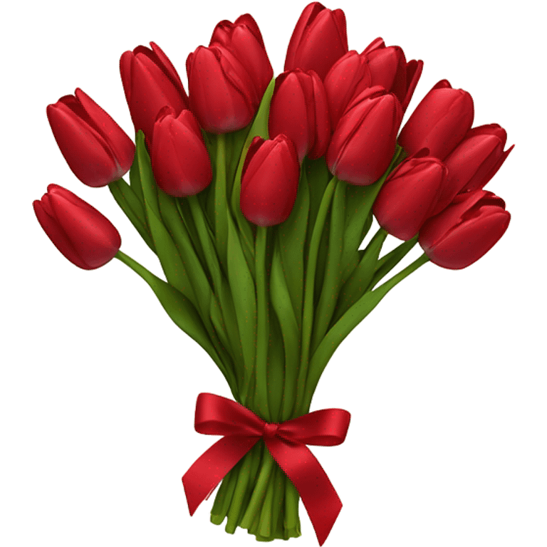 A lush bouquet of scarlet tulips wrapped in a velvet burgundy ribbon
 emoji