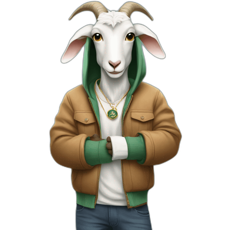 Goat standing and wearing hoodie and rolex in hands emoji