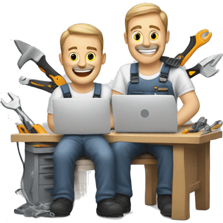 two white guys with tools working on computer emoji