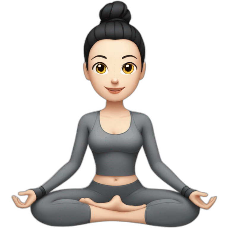 Pale skinned fit woman In a gray tight yoga suit and wristbands With black hair in a bun sits in the lotus position emoji