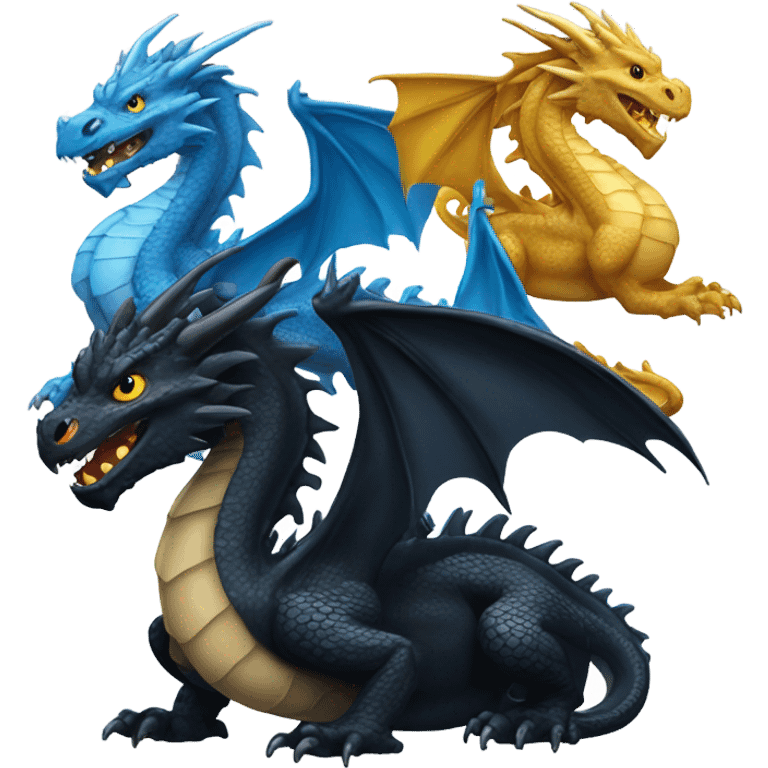 a big black dragon with a big blue dragon that is slightly smaller and then a golden small dragon in front emoji