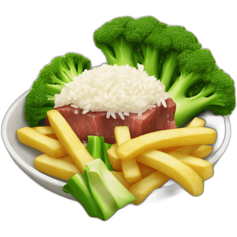 brocoli beef with rice and lttle squares of french fries emoji