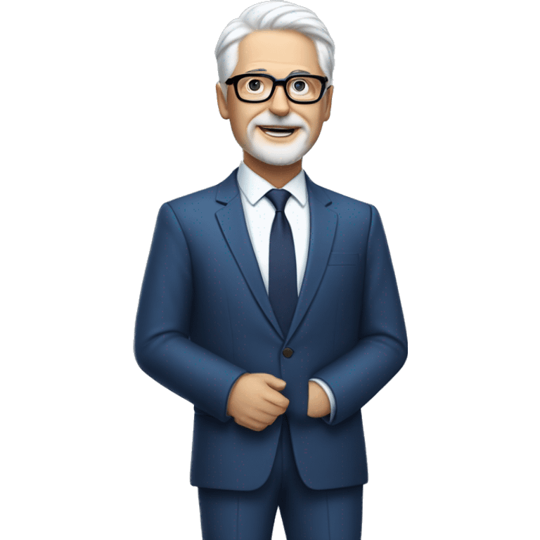 an 55 years old CEO with white short hair and a small white beard wearing a fine blue suit and black glasses. emoji