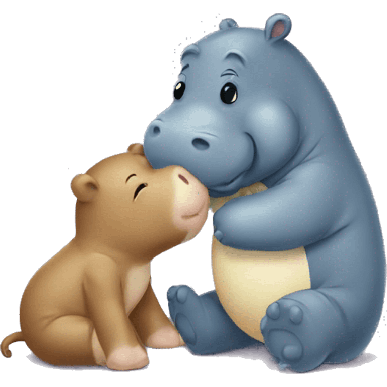 baby hippo giving a kiss to a teddy bear emoji