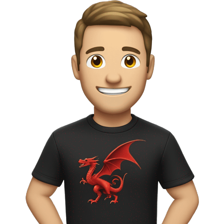 a white man with a smile on his face and with his right arm raised in the air, bent at the elbow, wearing a black sweatshirt with a red dragon, dark hair emoji