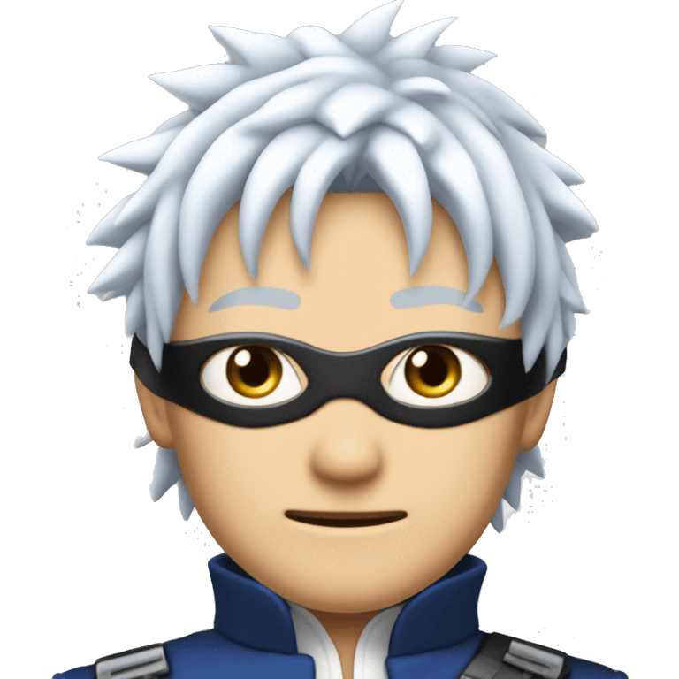 Satoru Gojo has spiky white hair with a slight blue tint and wears a black blindfold over his vivid blue eyes. He has a tall, lean build and typically wears a high-collared dark outfit, giving him a sharp and cool appearance. emoji