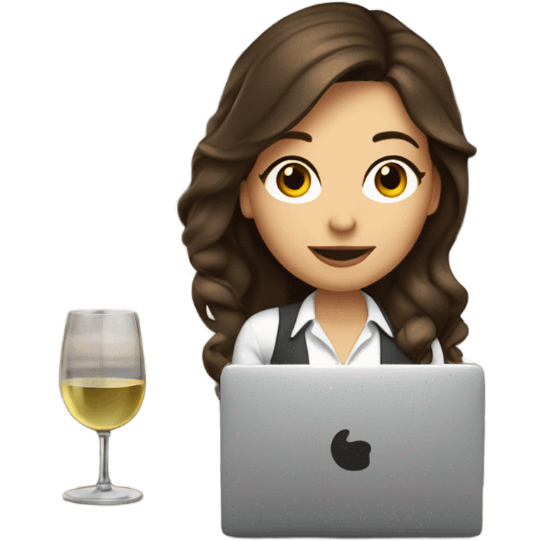 Cute office working brunette drinking wine while at computer long hair fair skin emoji