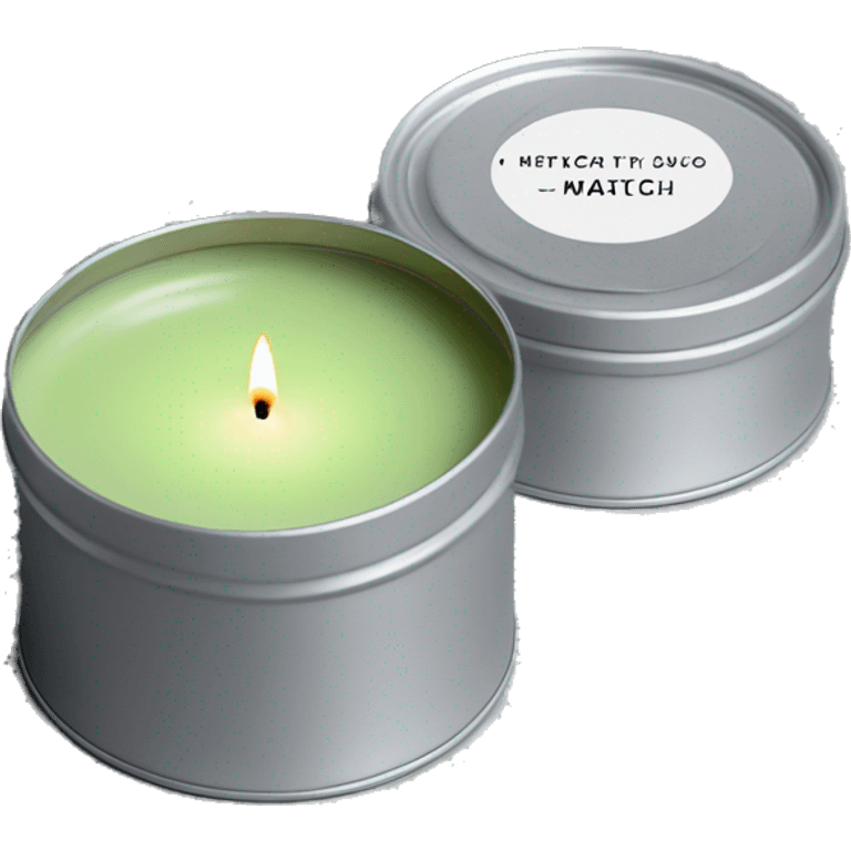 minimal matcha scented lit candle in small silver tin with realistic label emoji