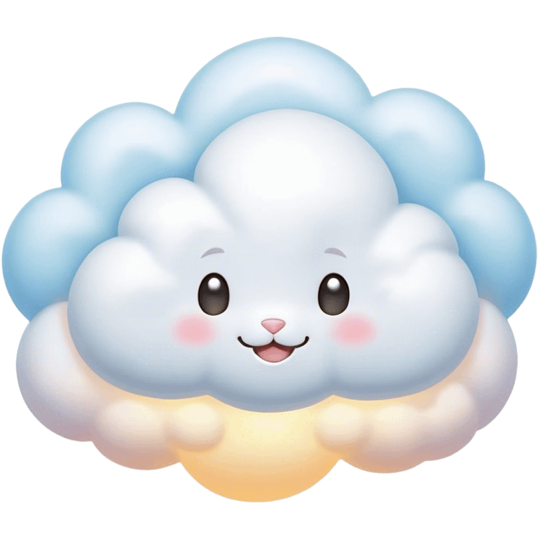 Cinematic tiny puffy bunny-shaped cloud, floating gently in the sky, soft glowing light, tiny rounded ears, smiling face, dreamy and magical. emoji