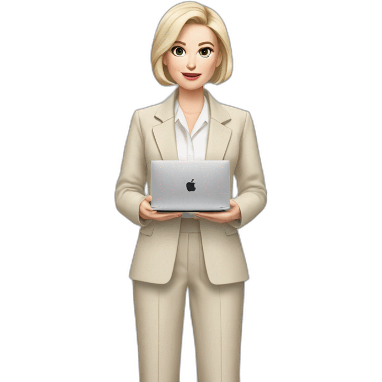 pale skin woman with ash blonde Straightened bob Hair, White Spacious classical jacket, beige palazzo Arrow pants and gray blouse holding a MacBook in the hands emoji