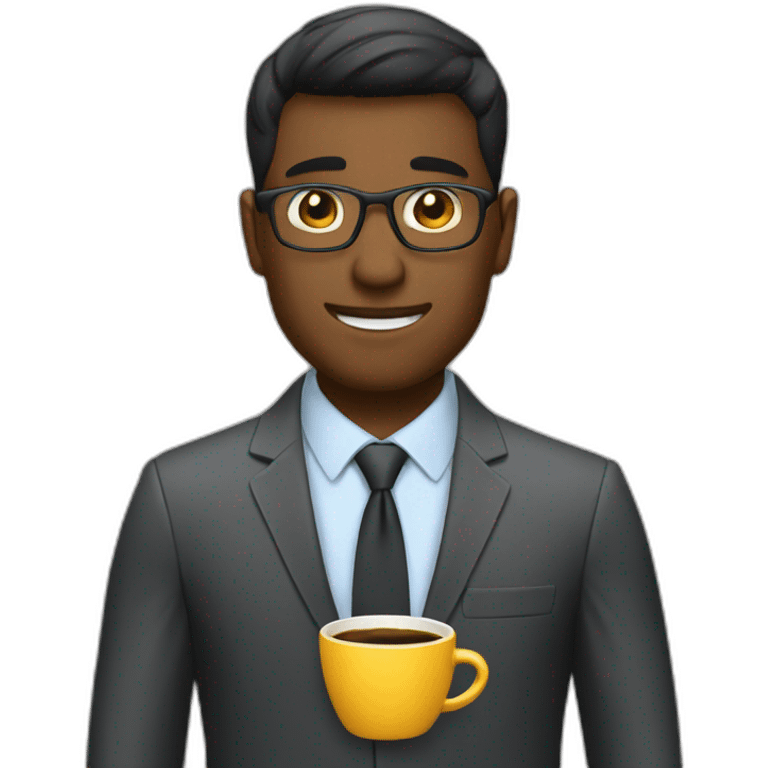 an online coach with a business suit and a coffee emoji