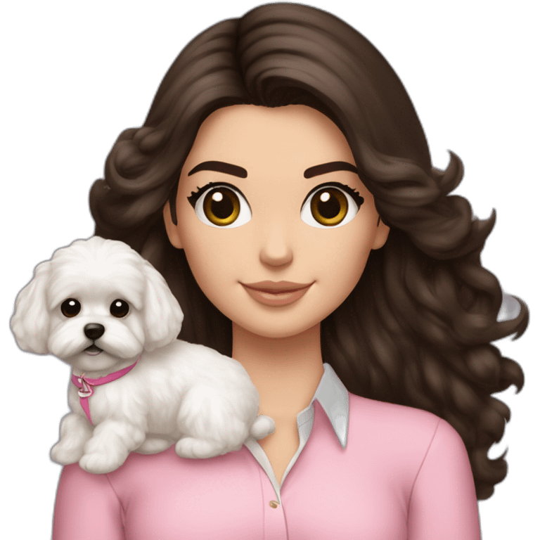 brunette Kendall Jenner with long hair holding on the hands white maltipoo wear in pink collar emoji