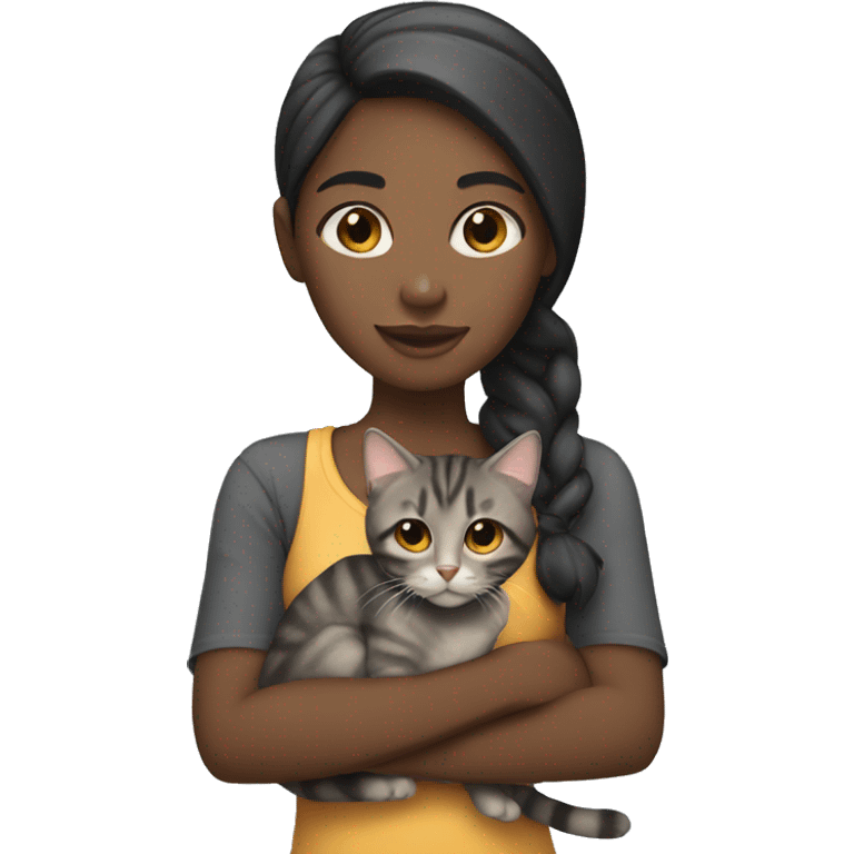 Black girl with straight hair holding tabby cat emoji