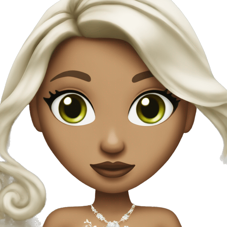 Bratz, bride, brunette wavy long  hair, olive skin, green almond cat eyes emoji