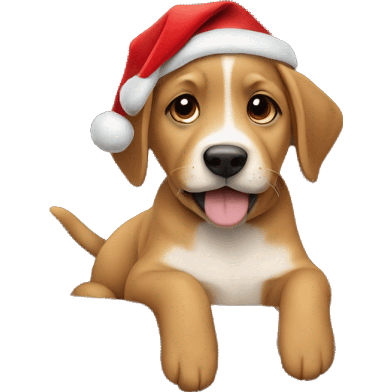 light brown puppy wearing a christmas hat on a couch  emoji