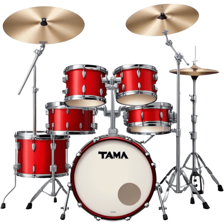 Create a powerful and dynamic emoji representing a TAMA drum kit with two bass drums. The design should feature two prominent bass drums positioned in the center, with snare drums, toms, and cymbals arranged around them. Add drumsticks crossing over the drums to symbolize action and rhythm. Use bold colors like black, silver, and red to emphasize the high-performance nature of the TAMA kit. The background should be transparent. emoji