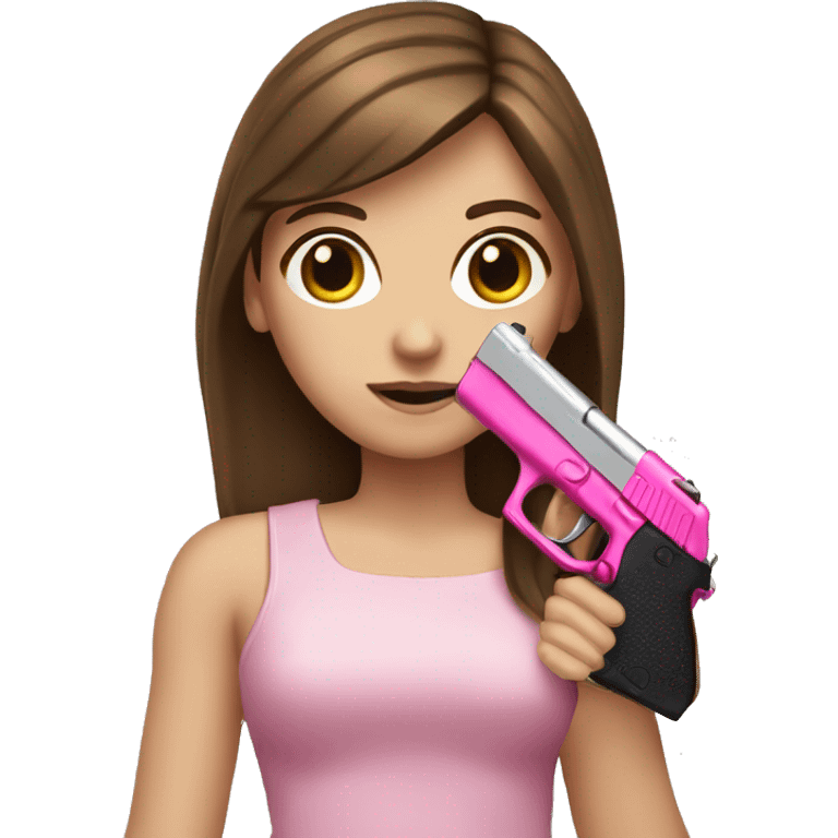 White Girl brown hair hand pink nails holding pink gun emoji