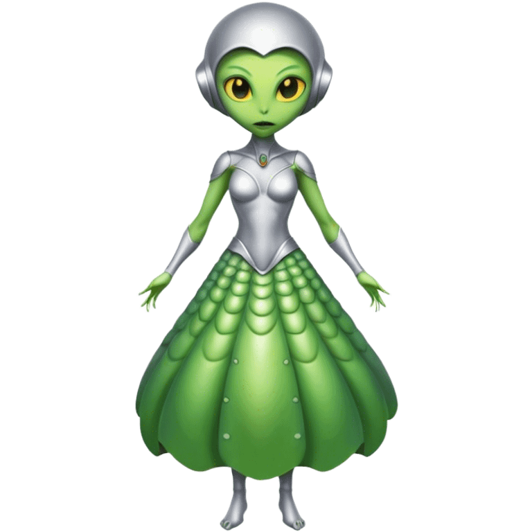 Green Alien woman with Cycloid scales, in silver dress, full figure, yellow eyes emoji