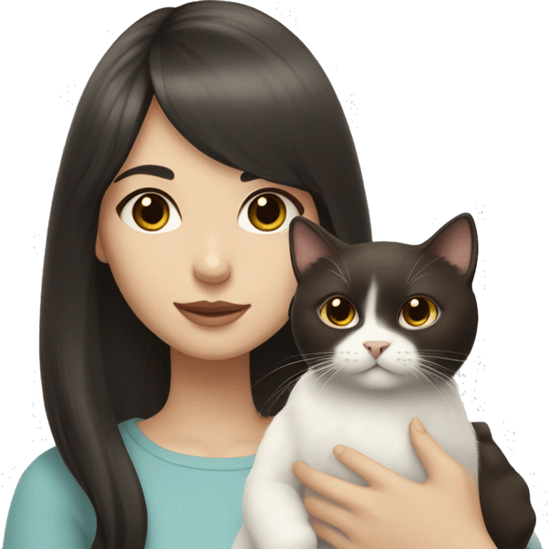 A pale girl with dark brown hair and dark brown eyes and bangs holds a white cat in her hands and looks at cat emoji