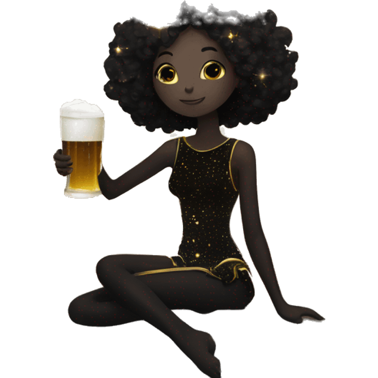 Ethereal galactic Girl wearing black and gold sat on a nebula galaxy drinking beer surrounded by golden stars and planets emoji