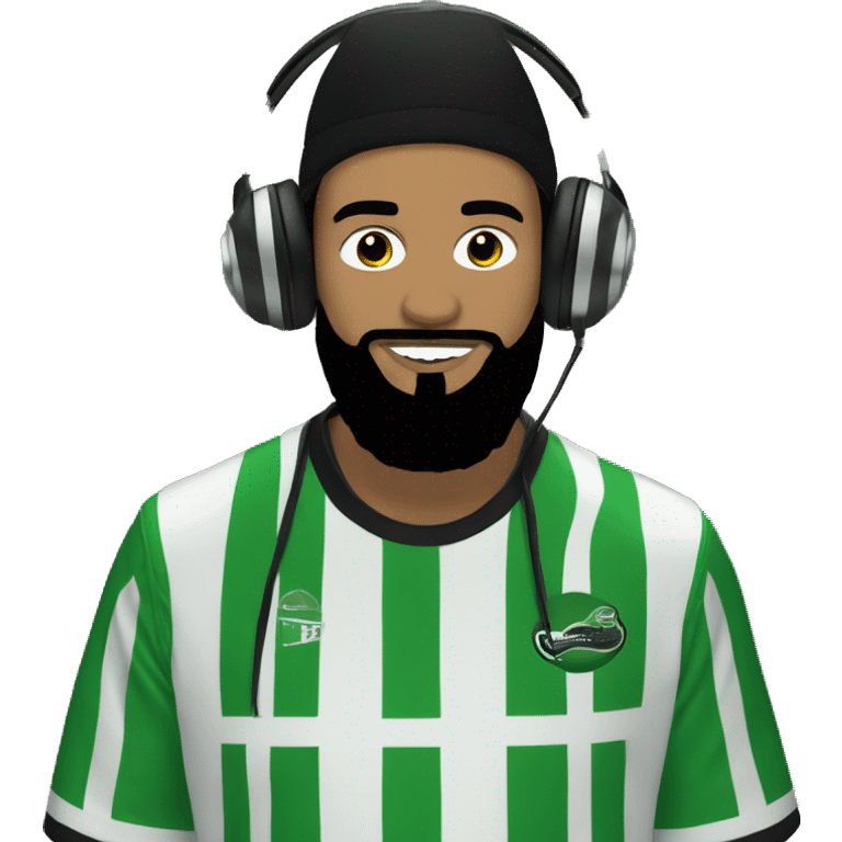 guy with a black hat and black beard, wearing a green and white striped football kit, DJing emoji