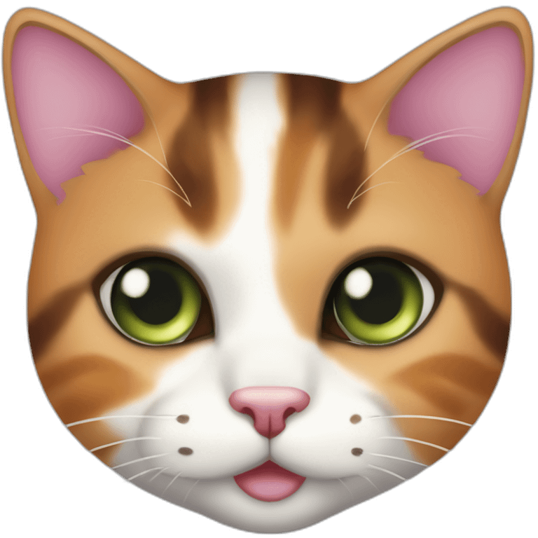 young striped calico cat face with a pink nose, white chin, green eyes, and orange/brown markings emoji