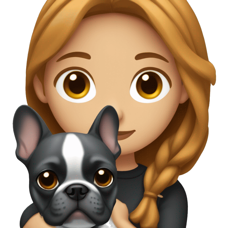 caramel hair woman with dark eyes hugging dark gray french bulldog emoji