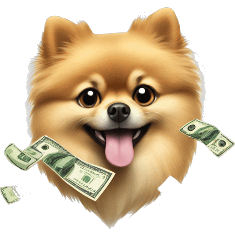 Pomeranian with money raining emoji