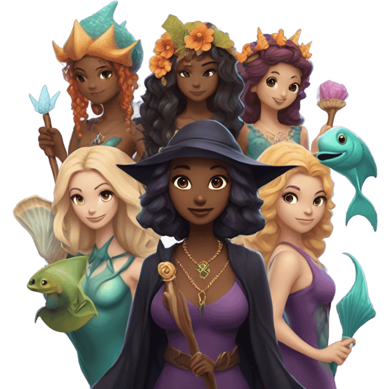 A group of friends, consisting of a female witch, a female wizard, a merman, a female fairy, and a female siren emoji