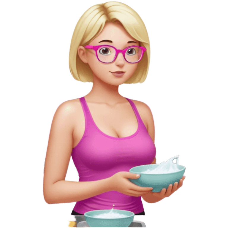 Intimate, Curvy fair and freckled skinned woman, short blond hair, small light purple reading glasses, washing dishes, short flowing sheer hot pink tank top, without undergarments SFW, black yoga pants, thick booty emoji