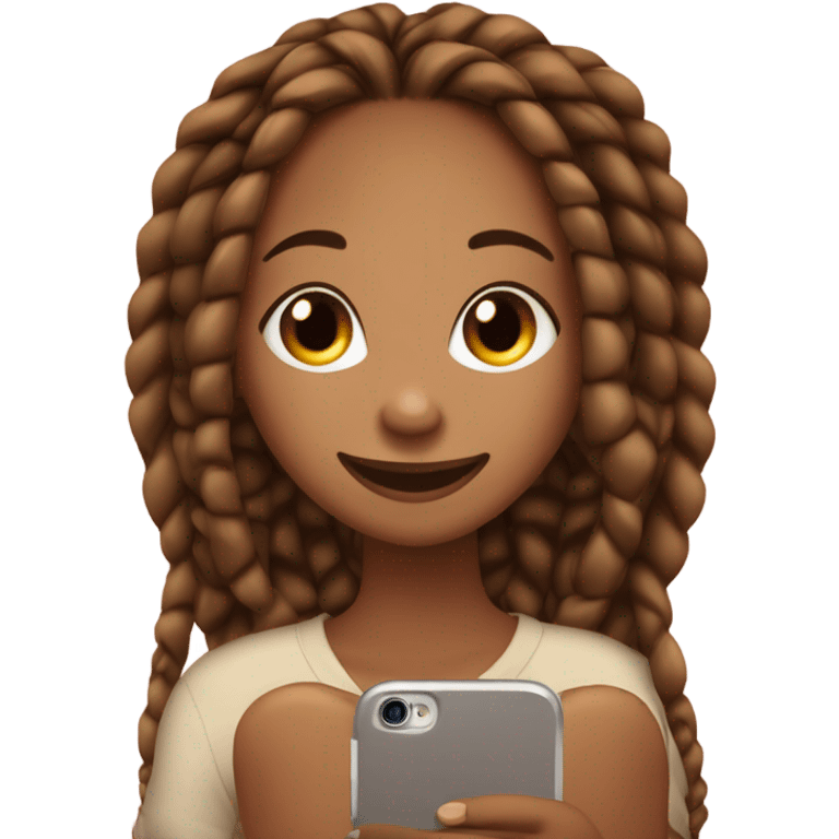 Caramel Colored Girl with dark brown Box braids looking at phone and giggling and blushing emoji