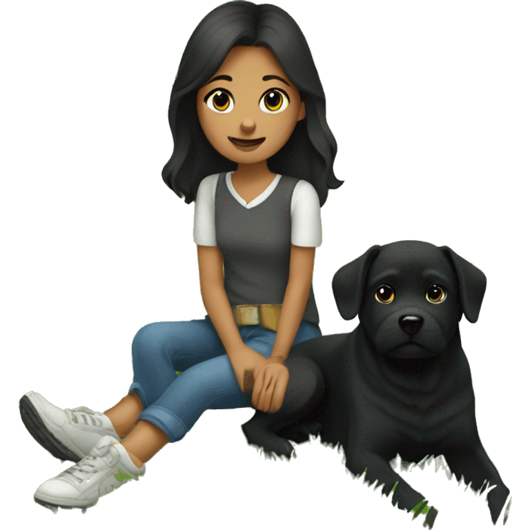 Bruenette girl sitting in grass with a black dog emoji