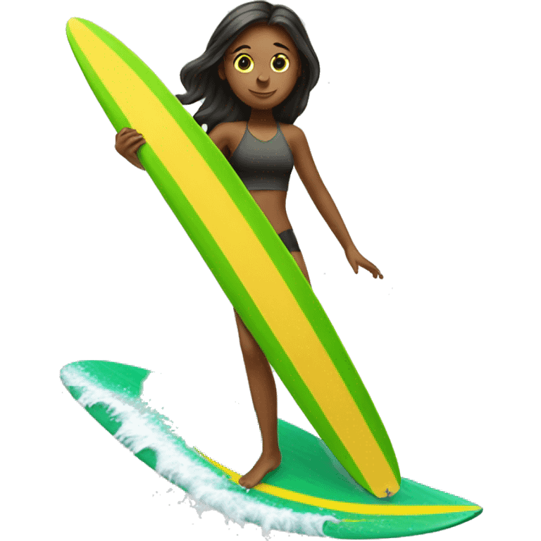 girl surfing green yellow surf board emoji