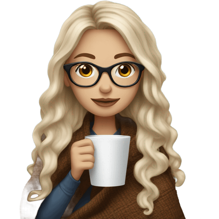 Balayage hair Girl drinking coffee, with a cozy blanket wearing glasses with blue eyes  emoji