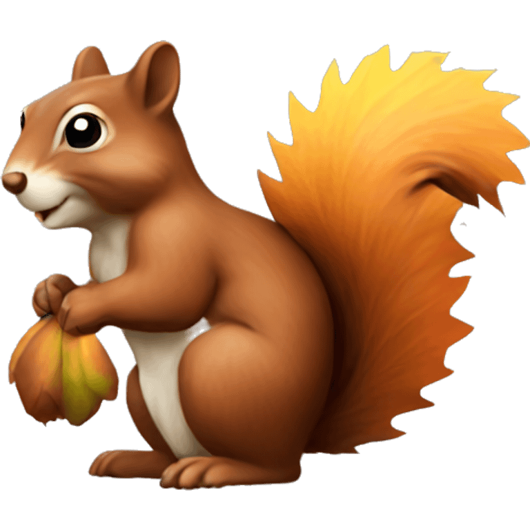 A fluffy squirrel holding acorns, with autumn leaves around it emoji