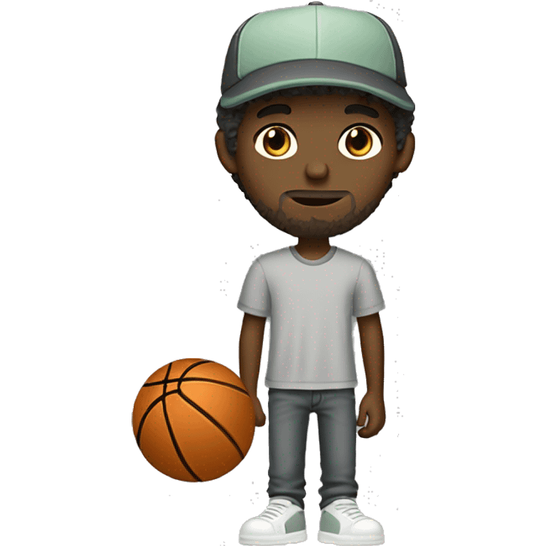 Skinny white boy with greenish brownish eyes with shaggy brown hair with a basketball hat and grey tee shirt and dark grey jeans emoji