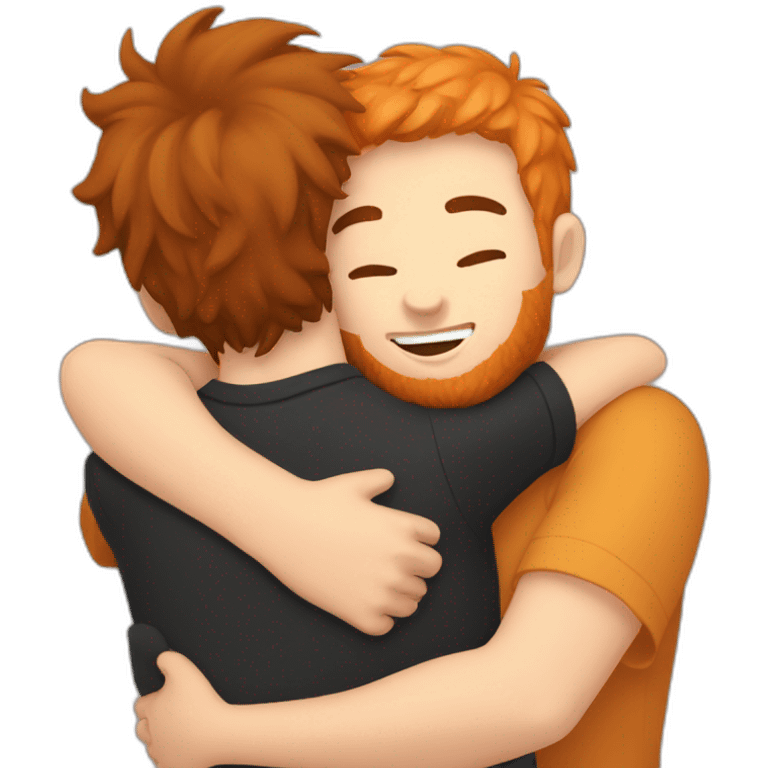 Boy with black hair and beard hugging ginger cat emoji