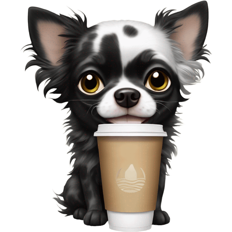 Fluffy spotted Merle long hair black chihuahua drinking Starbucks  emoji