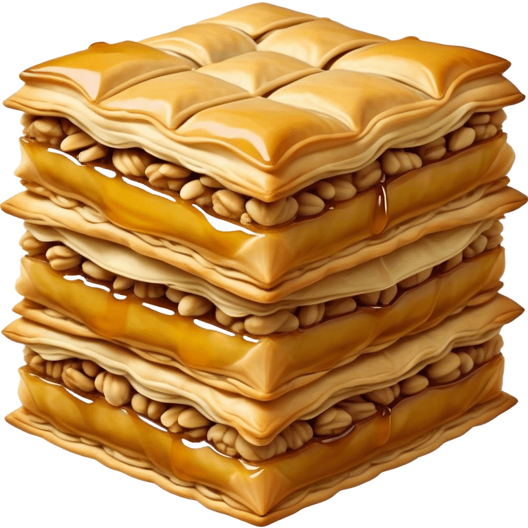 Cinematic Realistic Baklava Dessert Emoji, depicted as layers of flaky pastry with honey and nuts rendered with rich textures and warm, inviting lighting. emoji