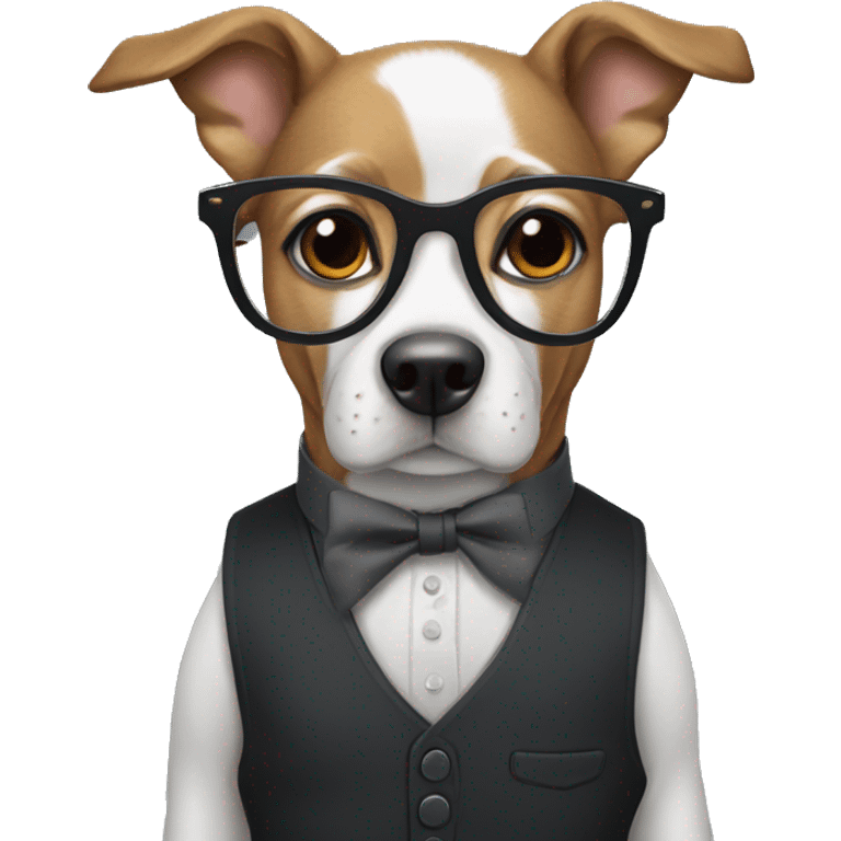 A dog wearing glasses, a black button up shirt and a dark grey vest  emoji