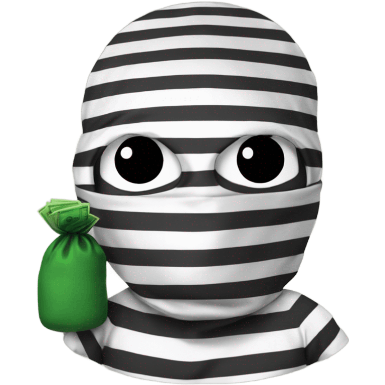 robber emoji with bag of money over shoulder, a ski mask and a stripped shirt emoji