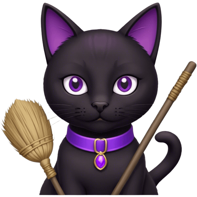 black  cat with a broom, purple collar emoji