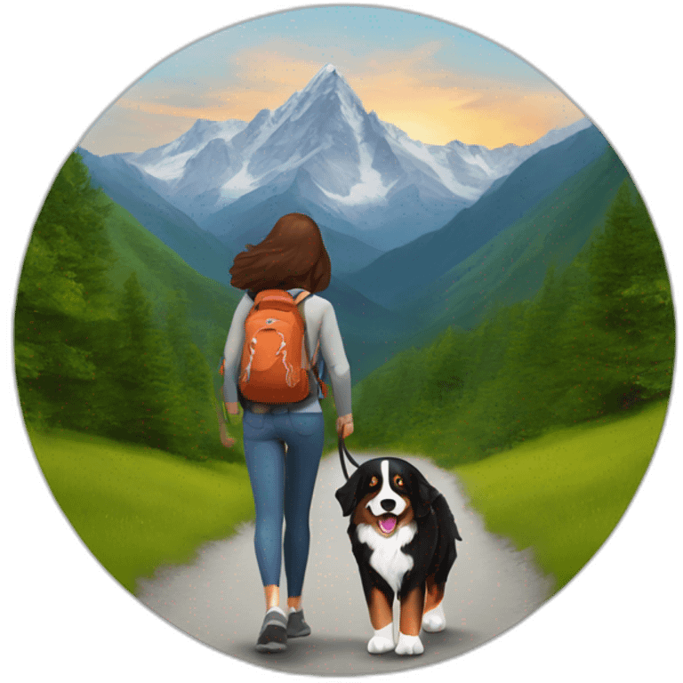 bernese mountain dog hiking with a woman with brown hairr a mountain emoji