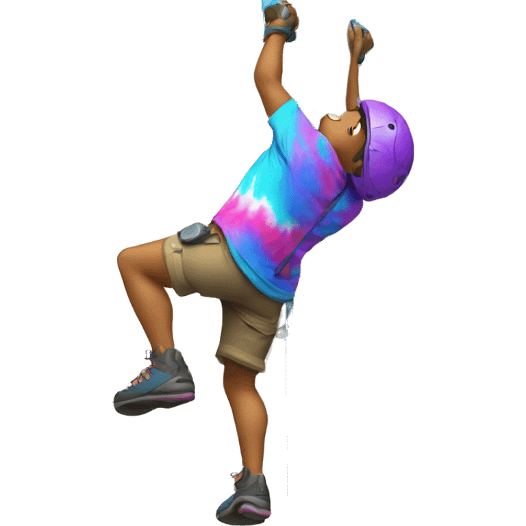 a climber climbing a rock climbing wall with no helmet and tie dye shirt emoji