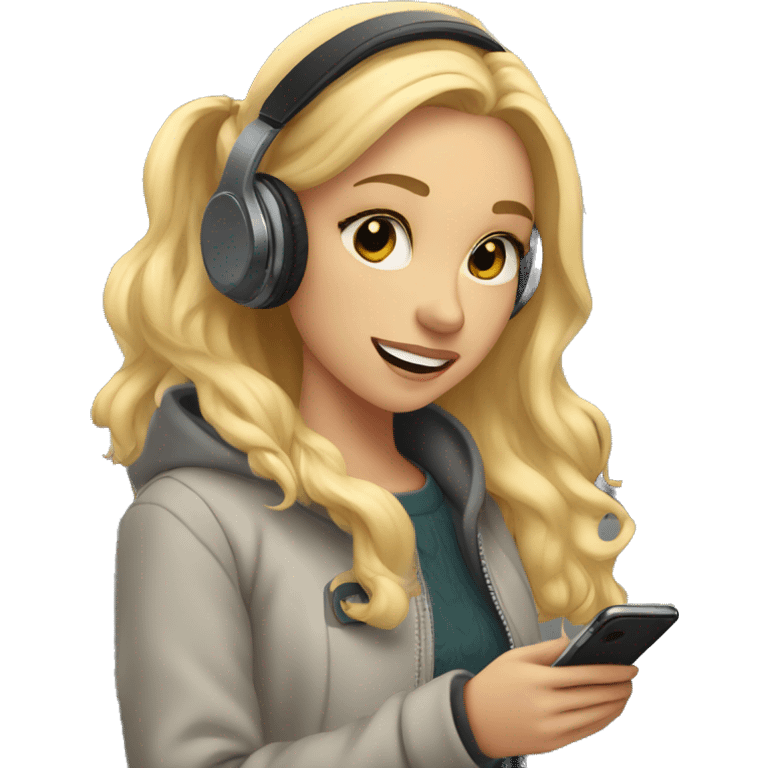 blonde female student standing by a locker wearing wireless headphones, heavy coat, taking a selfie with cell phone emoji