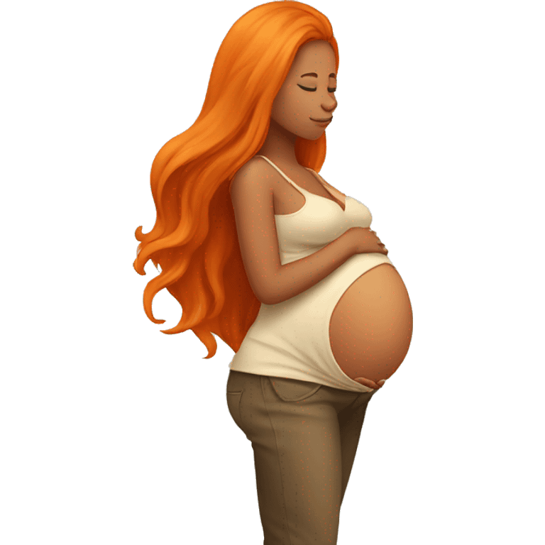 Tan girl with long orange hair holding pregnant stomach emoji