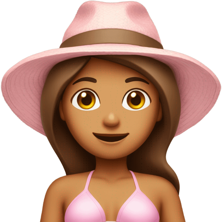 woman with brown beautiful straight hair with a sun hat in a light pink bikini  emoji