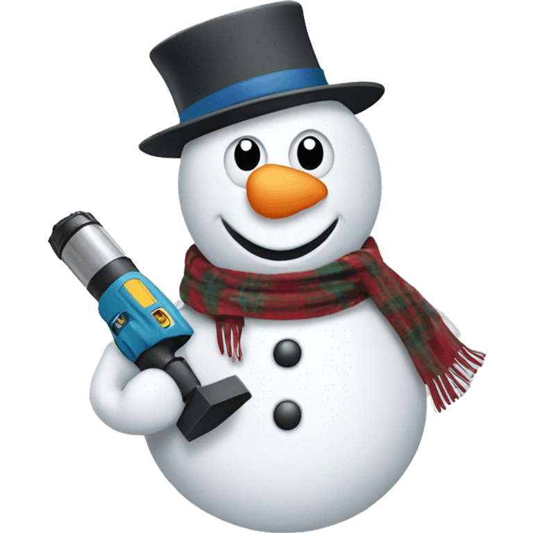 snowman with hat and scarf holding a drill emoji