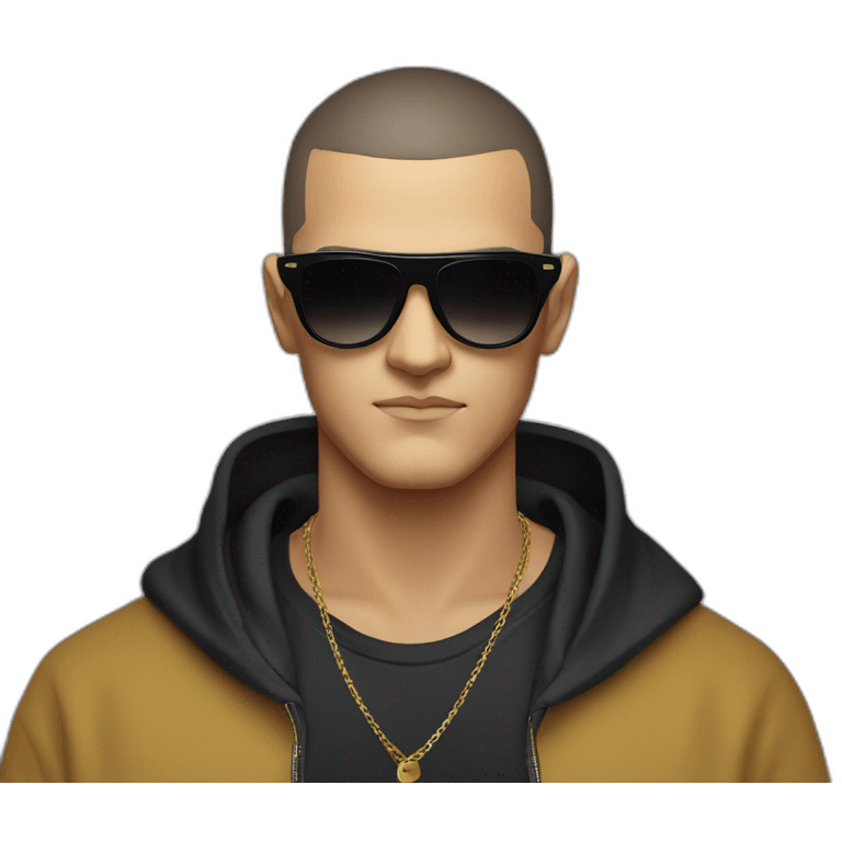 Serious face of DJ Snake with black sunglasses front view wearing a BLACK hoodie emoji